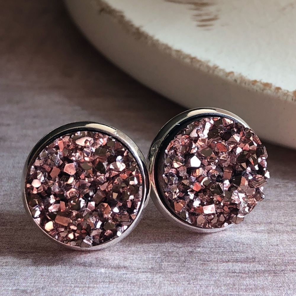 Rose Gold Chunky Druzy Silver Stud Earrings! - Picture 4 of 14